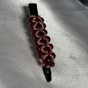 Hand crafted 4 inch black hair clip with garnet glass beads gold red seed beads